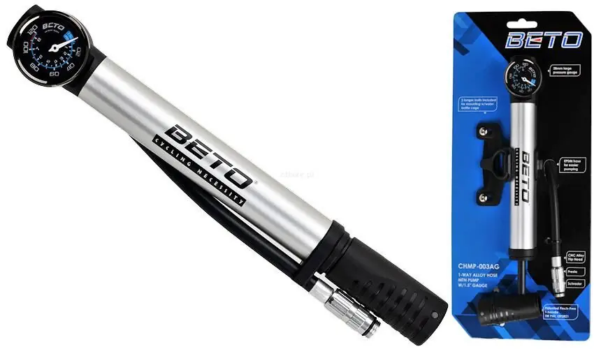 BETO POMPKA MINI ALU CHMP- 003AG + MANOMETR Z WĘŻYKIEM AV/PRESTA Ograniczona ilość