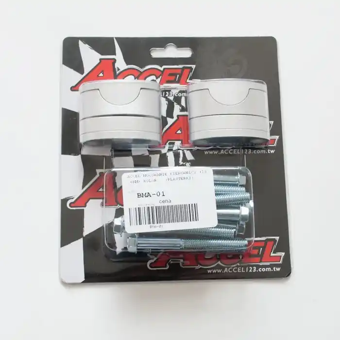 Wyprzedaż ACCEL MOCOWANIE/PODWYŻKI KIEROWNICY (DÓŁ-28,6/GÓRA-28,6MM) (PLASTERKI 18+5+10+6=39MM) KOLOR SREBRNY (BMA-01SV)